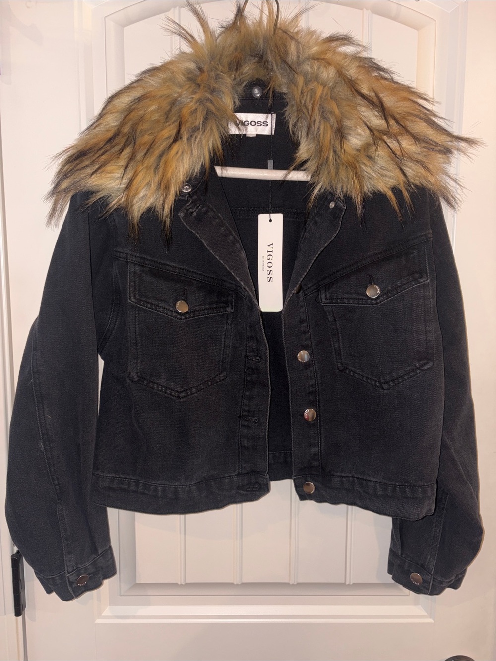 Vigoss Black Denim Jacket with Faux Fur Trim Collar